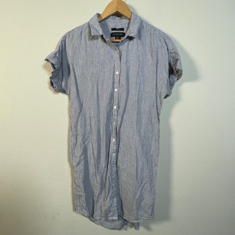 Tahari Linen Striped Shirt Dress Womens Small Blue White Short Sleeve Button Up